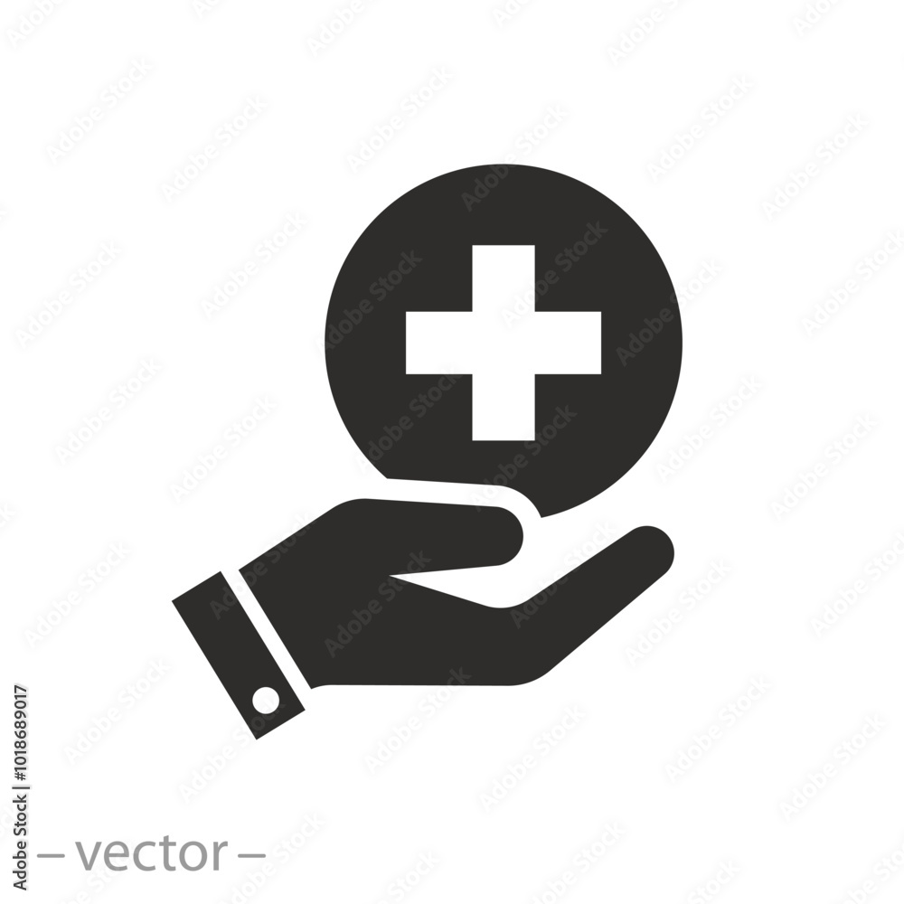 Fototapeta premium medical help, provision of first aid, hand holding medical cross icon, flat vector illustration