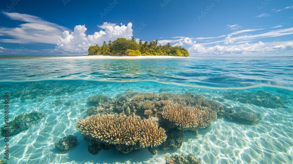 Naklejka premium Tropical Island with Underwater Coral Reef View