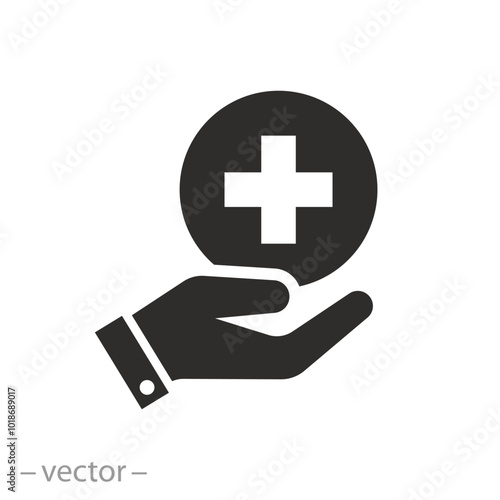 medical help, provision of first aid, hand holding medical cross icon, flat vector illustration