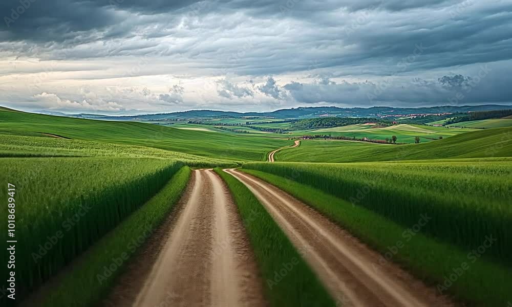 Scenic Country Road in a Rolling Green Landscape Scenic Country Road in a Rolling Green Landscape