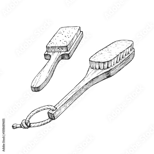 Vector hand-drawn illustration of brush and pumice stone isolated on white. Black and white sketch of bath accessories in engraving style.