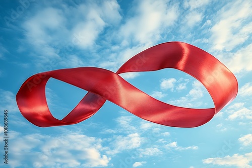 Red ribbon forming infinity symbol against blue sky with clouds