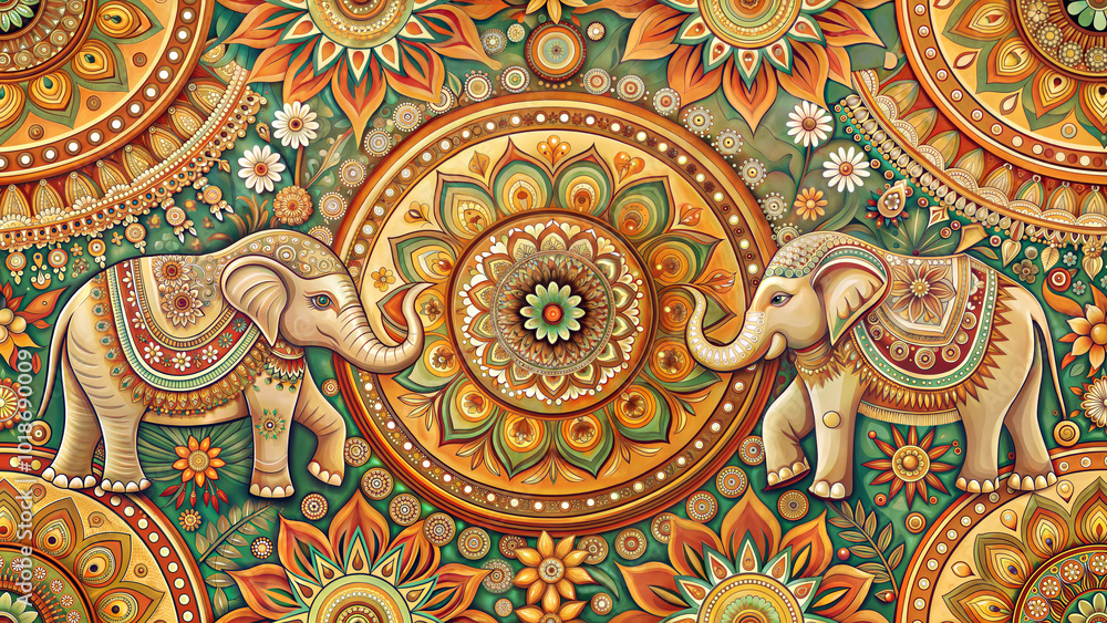 Fototapeta premium Intricate Indian pattern with mandala and elephants in earthy tones