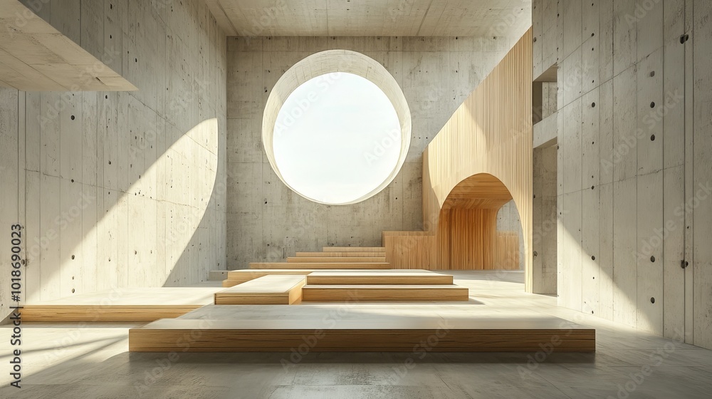 Here is the 3D rendering of the abstract concrete and wood interior space with multiple levels and large windows. If you have any requests for changes or further details, feel free to let me know. Here is the 3D rendering of the abstract concrete and wood interior space with multiple levels and large windows. If you have any requests for changes or further details, feel free to let me know.