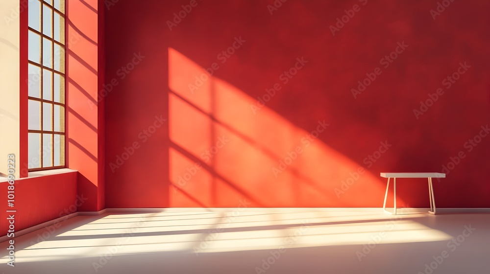 Elegant and modern 3D studio room setting with a rich burgundy background an empty floor and wall and a product podium illuminated by sunlight flowing through the window Elegant and modern 3D studio room setting with a rich burgundy background an empty floor and wall and a product podium illuminated by sunlight flowing through the window