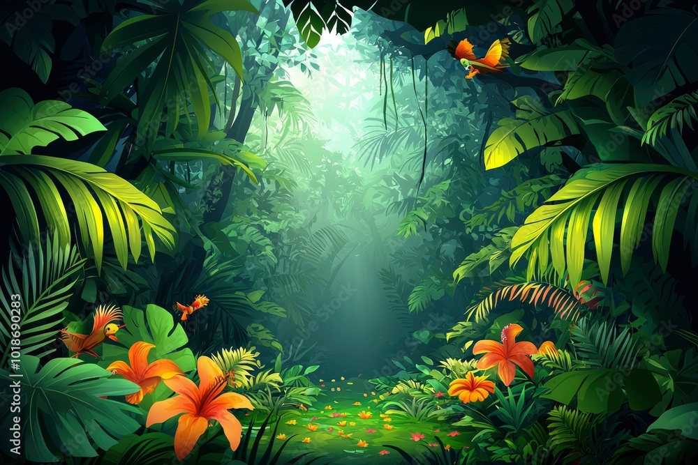 Fototapeta premium Lush Tropical Jungle with Birds and Flowers