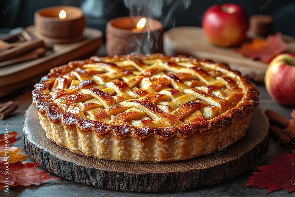 Apple pie decorated with lattice overhead shot, fall baking concept Apple pie decorated with lattice overhead shot, fall baking concept