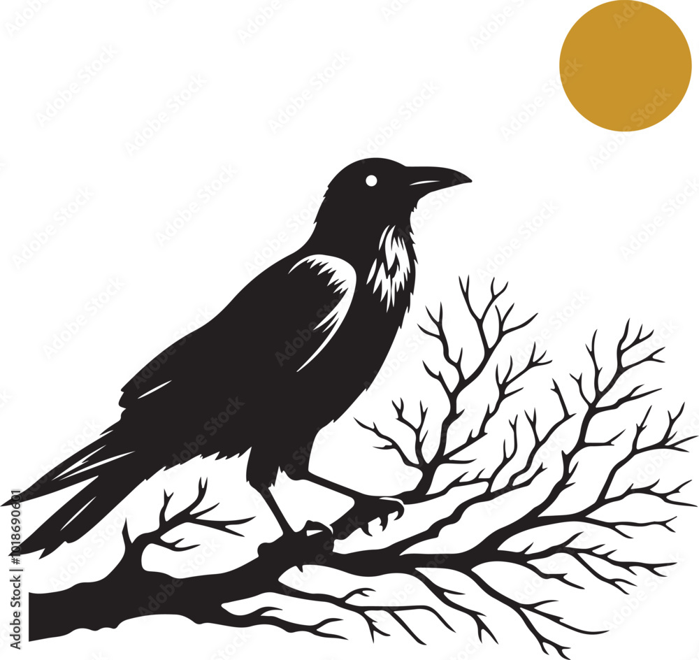 Fototapeta premium Crow on a branch vector silhouette 
