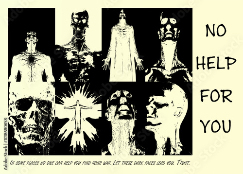 Dark Face a set of graphic resources. Photocopy, halftone effect for grunge, punk, y2k, pulp, pop collage, poster, tshirt design. Vector illustration with elements on separate background.