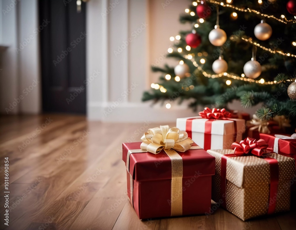 A cozy living room adorned with a festive Christmas tree, decorated with sparkling lights and colorful baubles, surrounded by a variety of thoughtfully wrapped gift boxes waiting to be opened. AI art A cozy living room adorned with a festive Christmas tree, decorated with sparkling lights and colorful baubles, surrounded by a variety of thoughtfully wrapped gift boxes waiting to be opened. AI art