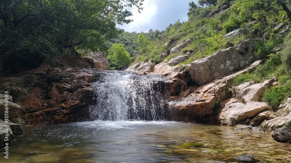 Fototapeta premium A small waterfall cascades down a rocky cliff into a pool of water, surrounded by lush greenery.