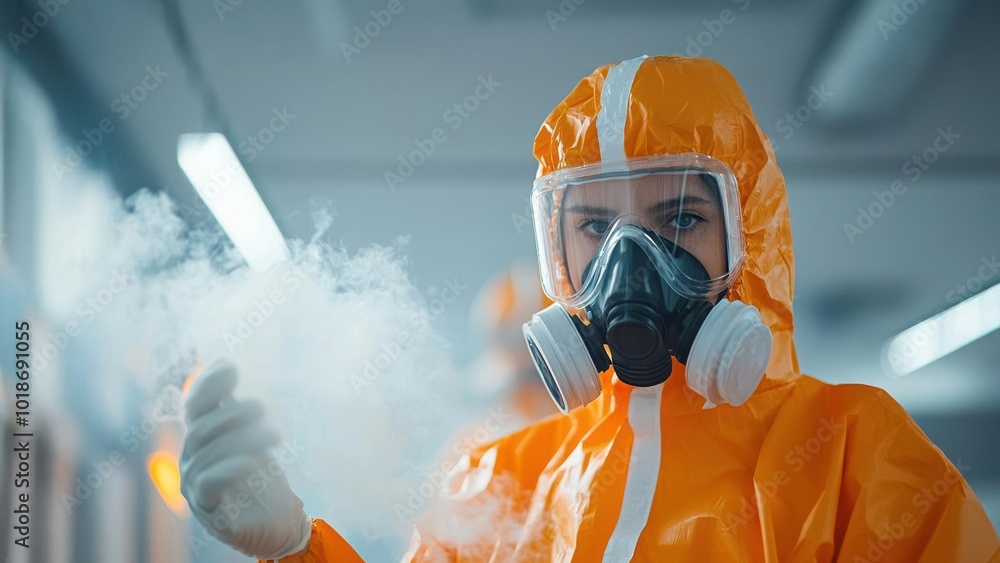 Workers in hazmat suits processing hazardous chemical waste for recycling, industrial machinery, safety signs, environmental sustainability effort Workers in hazmat suits processing hazardous chemical waste for recycling, industrial machinery, safety signs, environmental sustainability effort