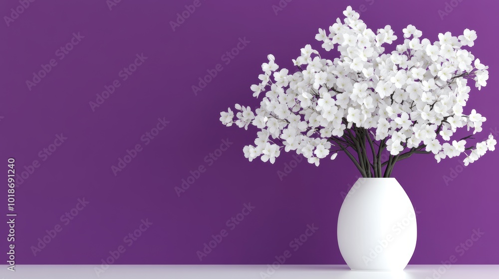 A beautiful vase of white flowers against a vibrant purple background, adding elegance to any space. A beautiful vase of white flowers against a vibrant purple background, adding elegance to any space.