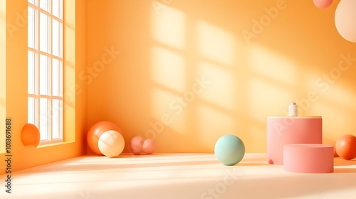 Warm ochre toned 3D studio room with empty floor wall and product podium Natural soft sunlight creates a shadow overlay on the countertop in this minimalist mockup