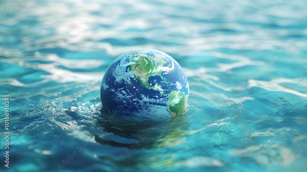 3D Render of a Blue Planet Floating on Calm Ocean Water 3D Render of a Blue Planet Floating on Calm Ocean Water