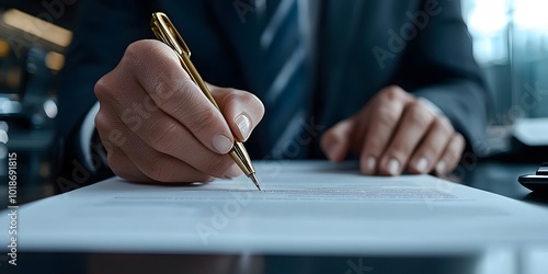 A close up of a businessman's hand signing a document with a gold pen.