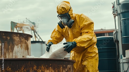 Wallpaper Mural A worker in a yellow quarantine suit, wearing a respirator mask, placing oil-soaked absorbent pads into a hazardous materials container. Torontodigital.ca