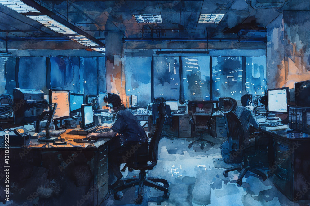 Fototapeta premium A painting of a room with people working at their desks