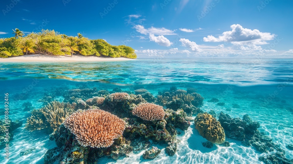 Fototapeta premium Tropical Island with Coral Reef and Crystal Clear Water
