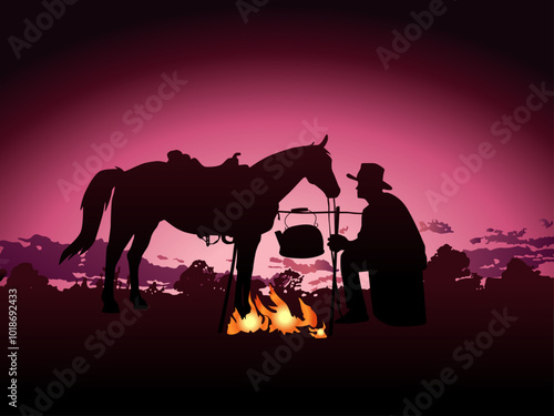 cow-boy oeste con caballo en una hoguera