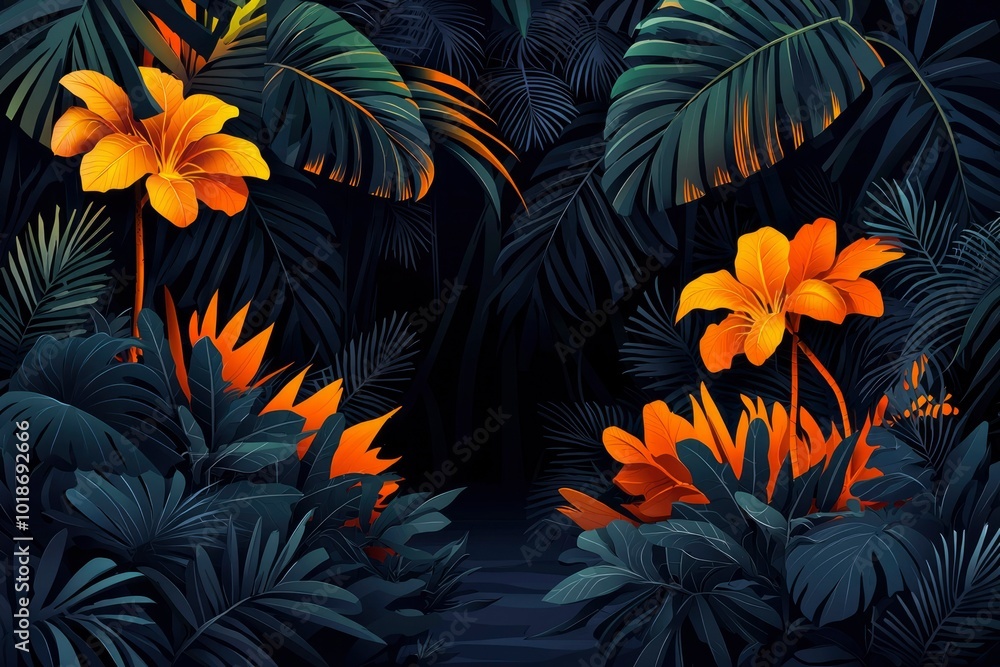 Naklejka premium Dark Green Tropical Leaves with Orange Flowers