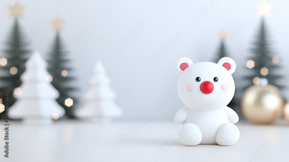 Cute polar bear figurine in a festive setting with Christmas trees and decorations, ideal for holiday themes. Cute polar bear figurine in a festive setting with Christmas trees and decorations, ideal for holiday themes.