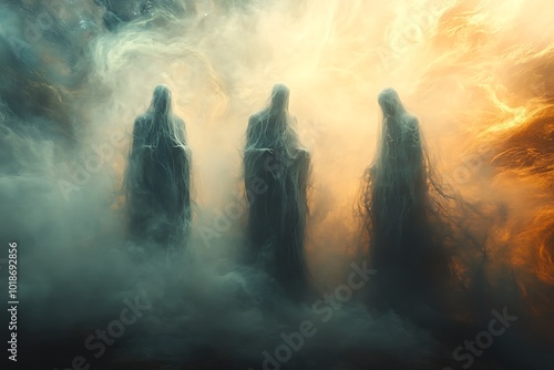 Three mysterious figures stand amidst a swirling, ethereal fog