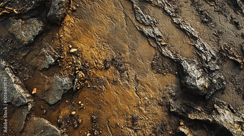 Detailed view of wet rocky terrain revealing texture and earthy colors Detailed view of wet rocky terrain revealing texture and earthy colors