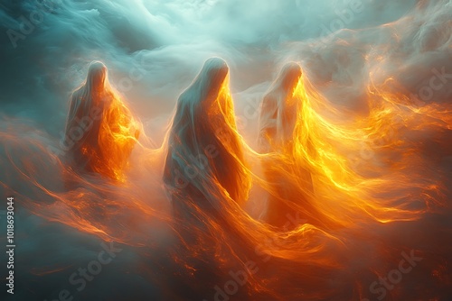 Three ethereal figures emerge from swirling clouds of fire and smoke.