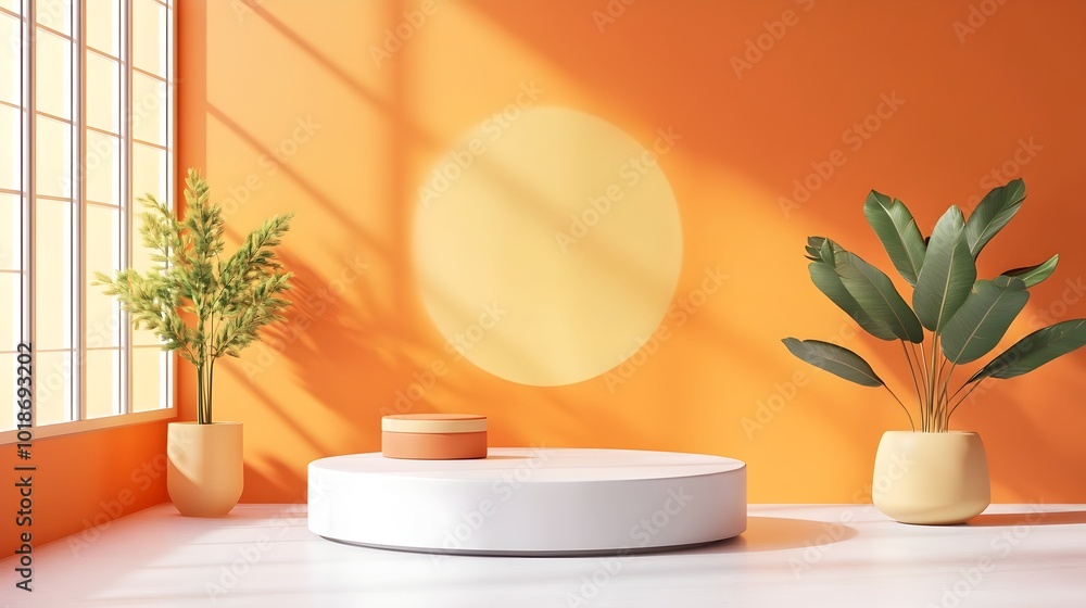 Warm Minimalist 3D Studio Room with Orange Background and Product Podium Display Mockup with Natural Sunlight and Soft Shadow Overlay Warm Minimalist 3D Studio Room with Orange Background and Product Podium Display Mockup with Natural Sunlight and Soft Shadow Overlay