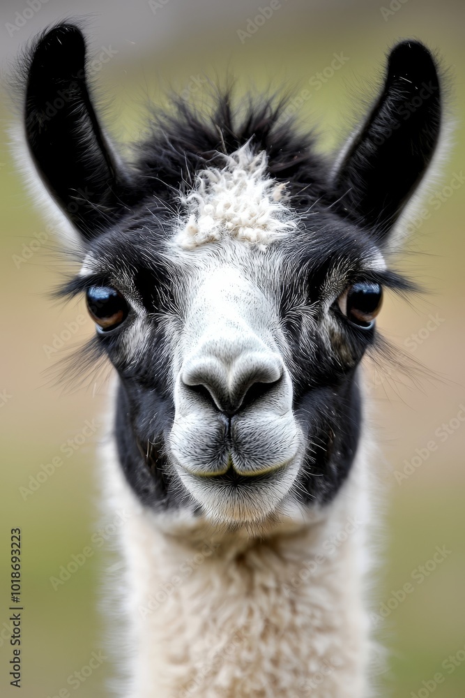Obraz premium A tight shot of a llama's face, displaying black and white fur, against a backdrop of a lush green field