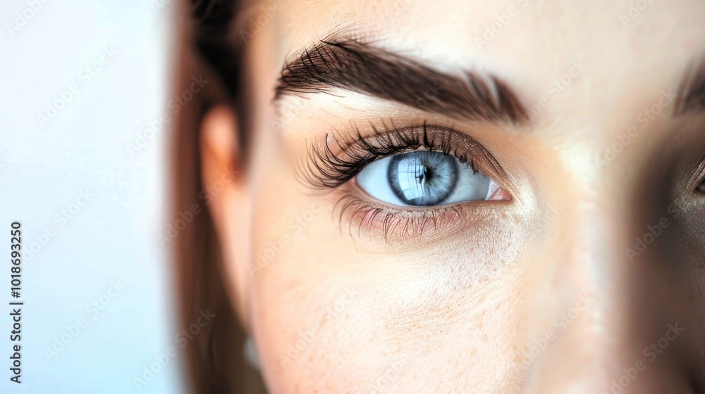 Close up of female eye with bright makeup and brush applying mascara on eyelashes Close up of female eye with bright makeup and brush applying mascara on eyelashes