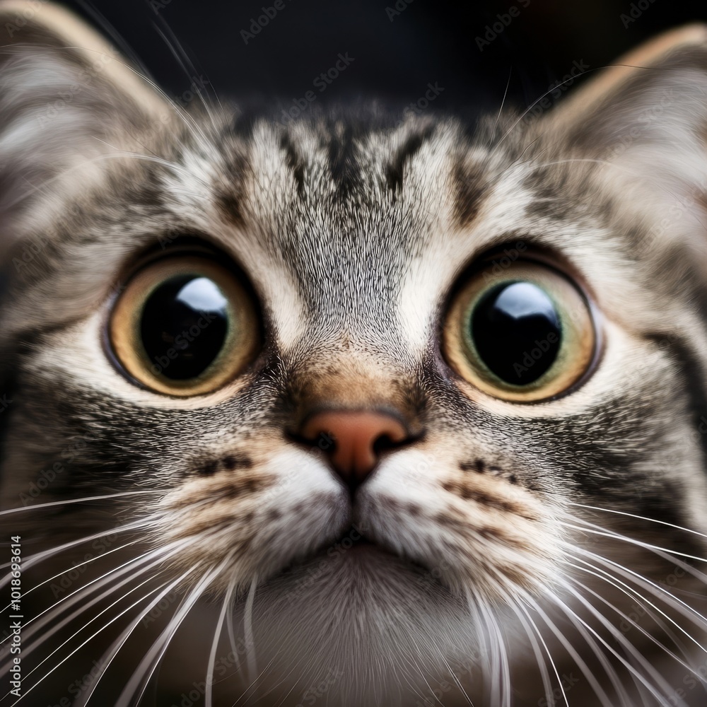A tight shot of a cat's face, showcasing large, brown eyes and the distinctive whiskers gracing its nose A tight shot of a cat's face, showcasing large, brown eyes and the distinctive whiskers gracing its nose