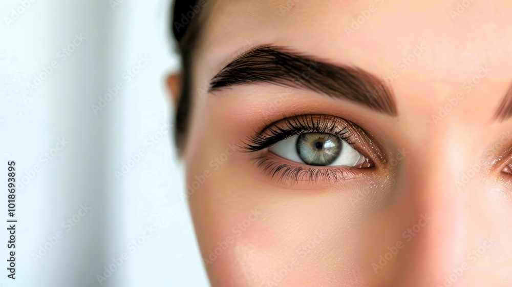 Close up of female eye with bright makeup and brush applying mascara on eyelashes Close up of female eye with bright makeup and brush applying mascara on eyelashes