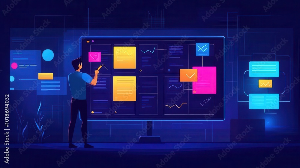 A person interacting with a digital display, analyzing data and managing workflow with colorful notes and charts. A person interacting with a digital display, analyzing data and managing workflow with colorful notes and charts.