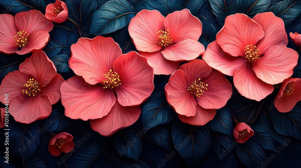 Obraz premium Vivid pink hibiscus flowers bloom against a dark background, showcasing nature's beauty in a tropical garden during midday