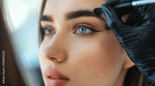 Close up of female eye with bright makeup and brush applying mascara on eyelashes