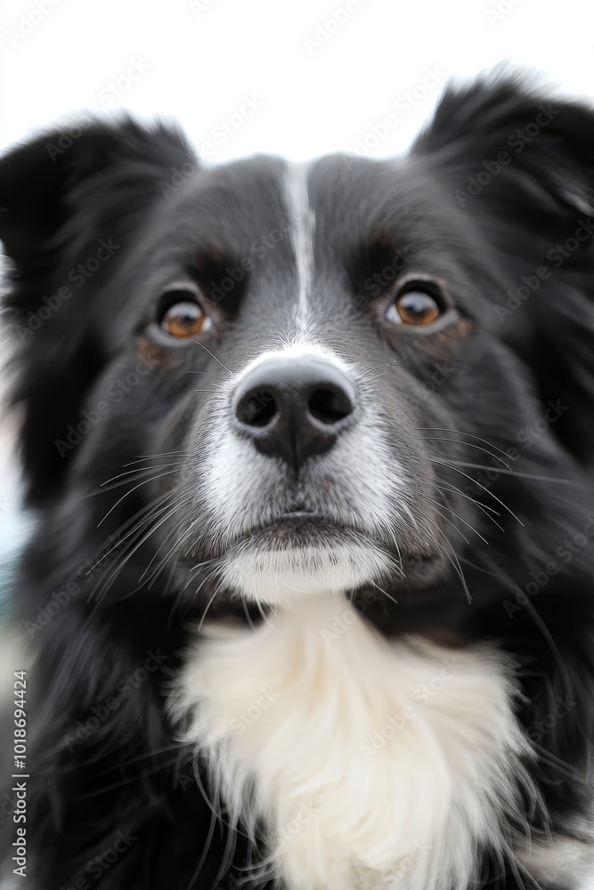 A tight shot of a black and white dog's face, featuring a distinct white mark on its snout A tight shot of a black and white dog's face, featuring a distinct white mark on its snout
