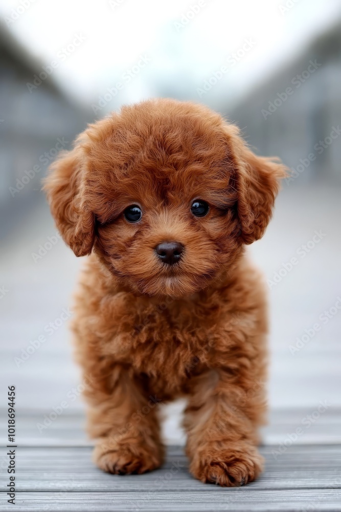 A small, brown dog sits on a wooden floor against a white and gray backdrop, gazing at the camera A small, brown dog sits on a wooden floor against a white and gray backdrop, gazing at the camera