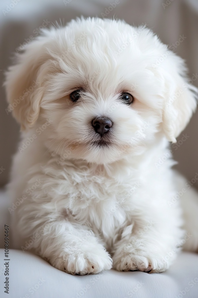 A small white dog sits on a white couch beside a wall with a single black spot A small white dog sits on a white couch beside a wall with a single black spot