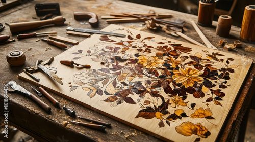 An artisan's workbench covered in various thin wood veneers and inlay tools, with a nearly finished marquetry panel displaying complex floral designs