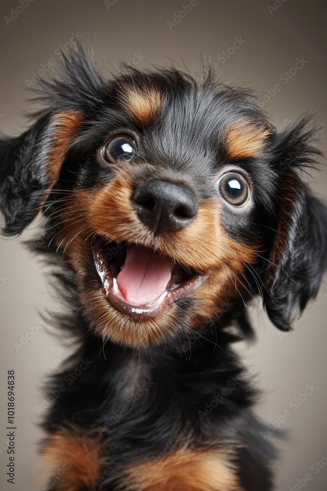A small dog, black and brown in color, opens its mouth and extends its tongue Its eyes are widely opened A small dog, black and brown in color, opens its mouth and extends its tongue Its eyes are widely opened