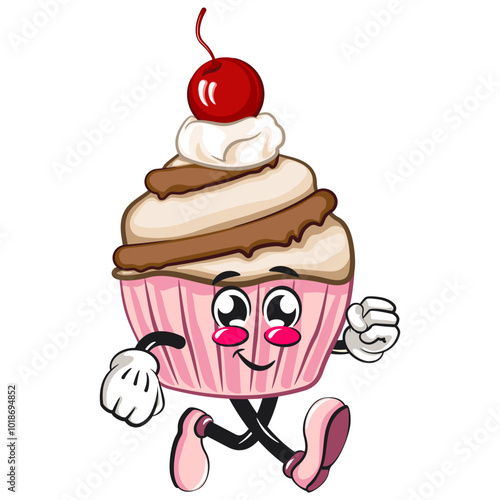 kawaii cartoon cupcake with cherry on top character mascot isolated vector illustration walking, work of hand drawn