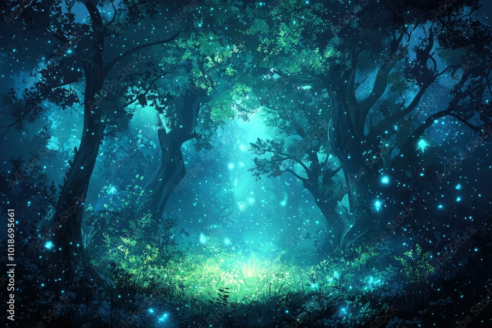 Fototapeta premium Enchanting Nighttime Forest with Glowing Fireflies