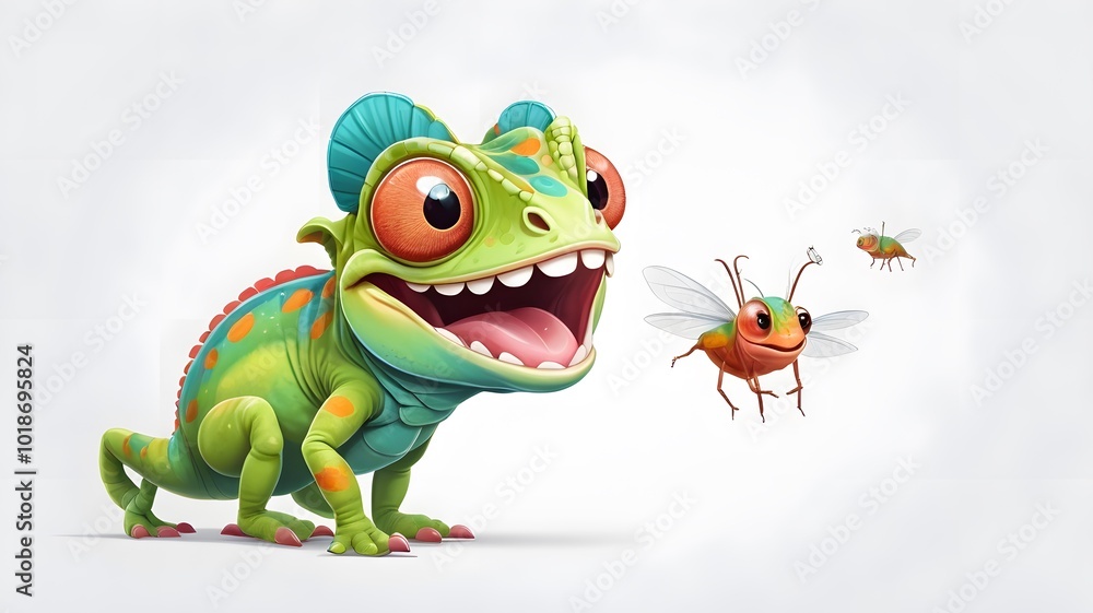 Silly Cartoon Chameleon Sticking Out Its Tongue to Catch a Fly Silly Cartoon Chameleon Sticking Out Its Tongue to Catch a Fly