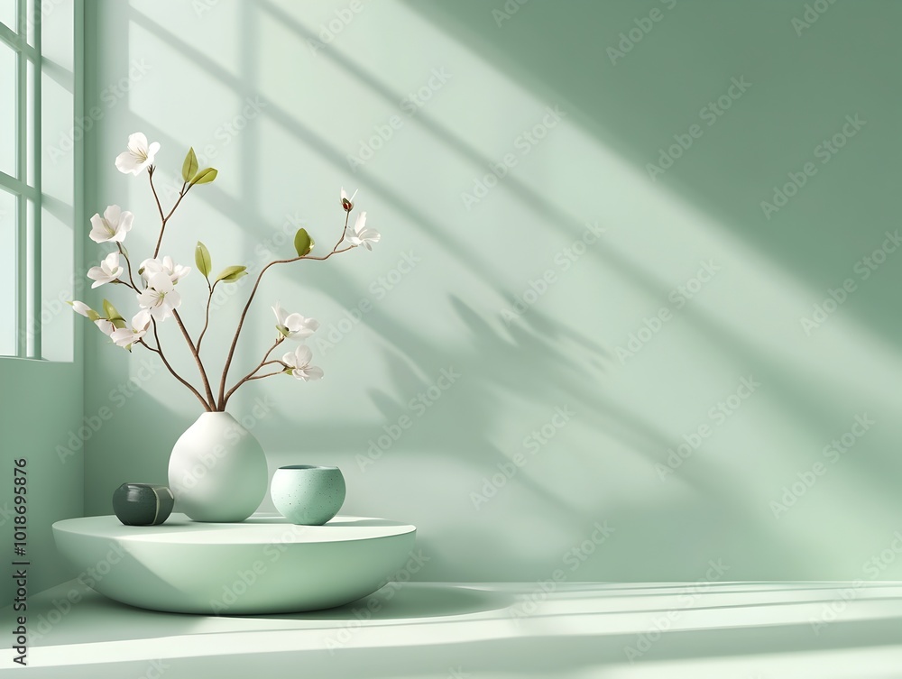 Minimalist 3D studio room with empty floor and wall featuring a product podium and a soft sage background The scene is illuminated by natural sunlight Minimalist 3D studio room with empty floor and wall featuring a product podium and a soft sage background The scene is illuminated by natural sunlight