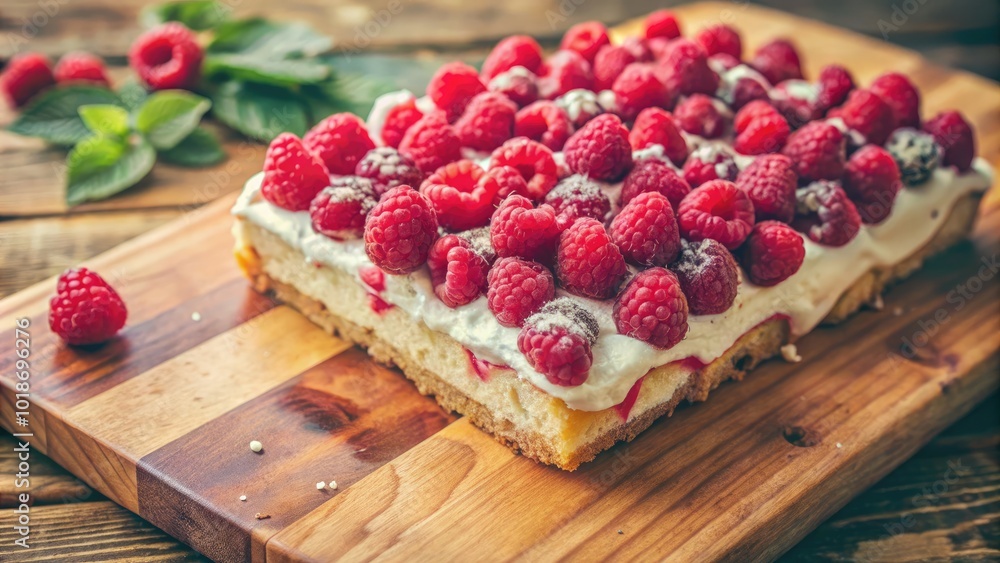 Raspberry-topped dessert on a wooden serving board. Raspberry-topped dessert on a wooden serving board.
