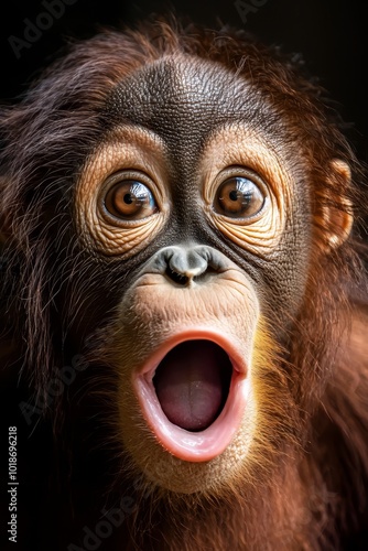  A tight shot of a monkey's face with an open mouth and extended tongue