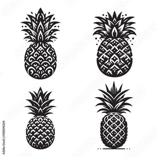 Pineapple Silhouette Vector Set, Black and White Pineapple Illustrations, Pineapple Outline Vector Set