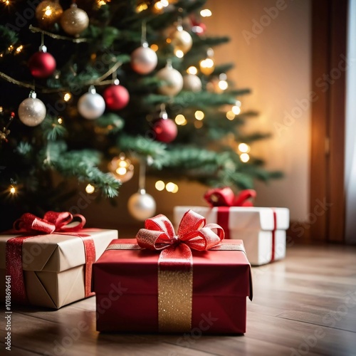 A cozy living room adorned with a festive Christmas tree, decorated with sparkling lights and colorful baubles, surrounded by a variety of thoughtfully wrapped gift boxes waiting to be opened. AI art